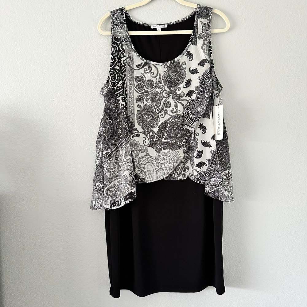 Notations Size-1X Women's Chiffon Overlay Abstract Patterned & Black Dress